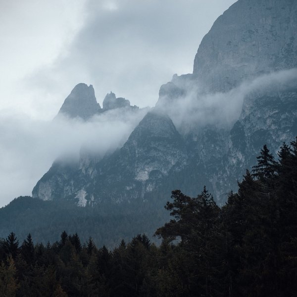 Meteo all’Alpe di Siusi? Soleggiato! Foresta scura con vette montuose avvolte nella nebbia e cielo nuvoloso