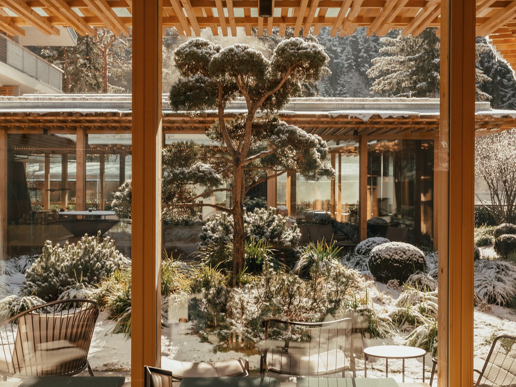 Offers – holidays in the Dolomites UNESCO World Heritage View through window of snowy winter garden and indoor seating area