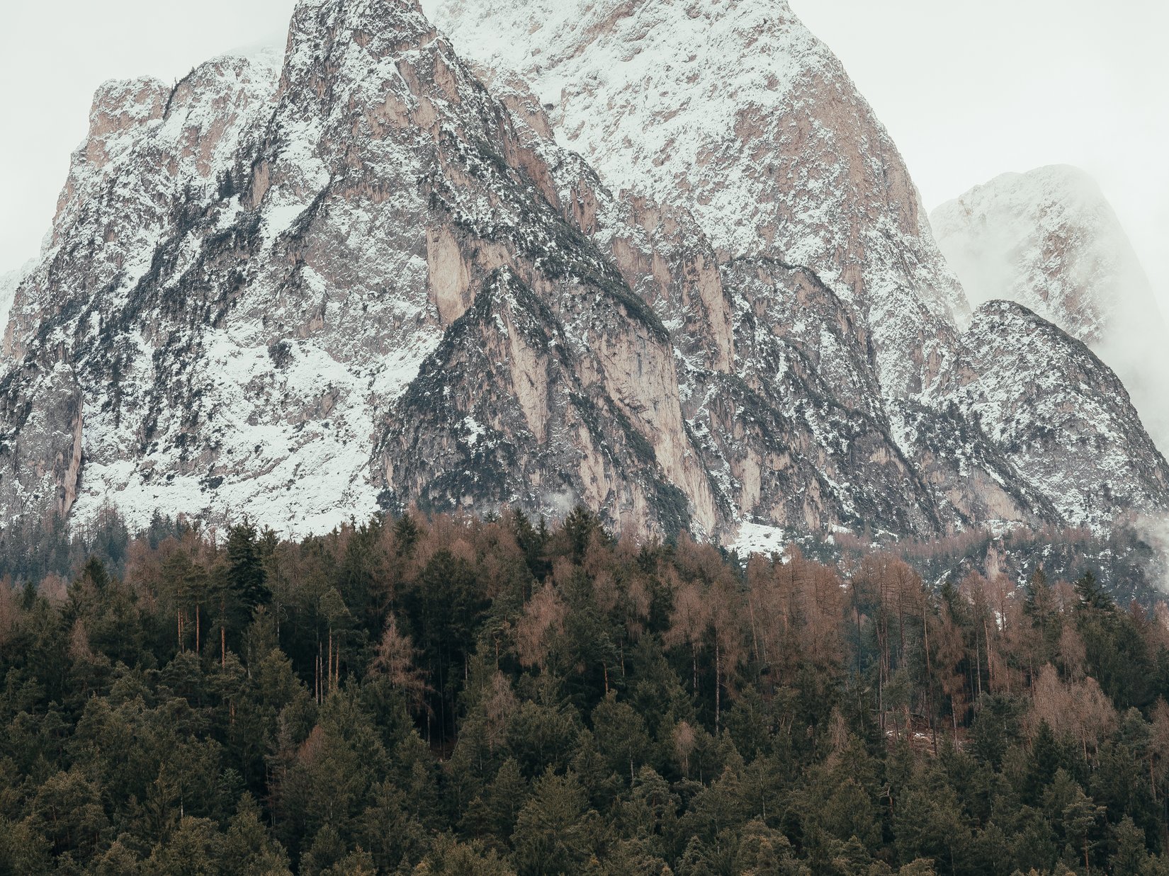 Offers – holidays in the Dolomites UNESCO World Heritage Snow-covered mountain peaks above a dense pine forest