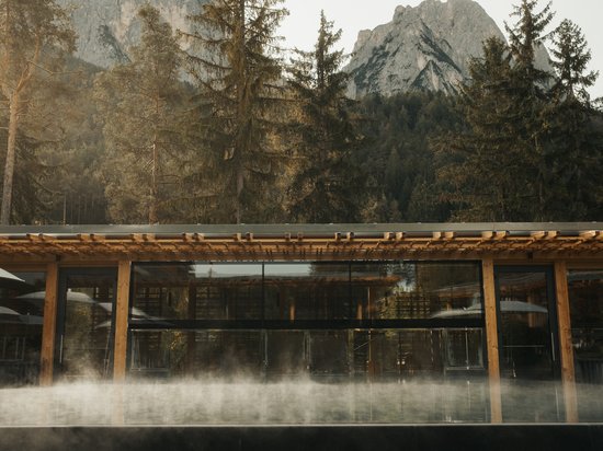 Hotel all’Alpe di Siusi: un tempio di energia per l’anima Struttura moderna in legno con facciata in vetro, piscina nebbiosa e montagne