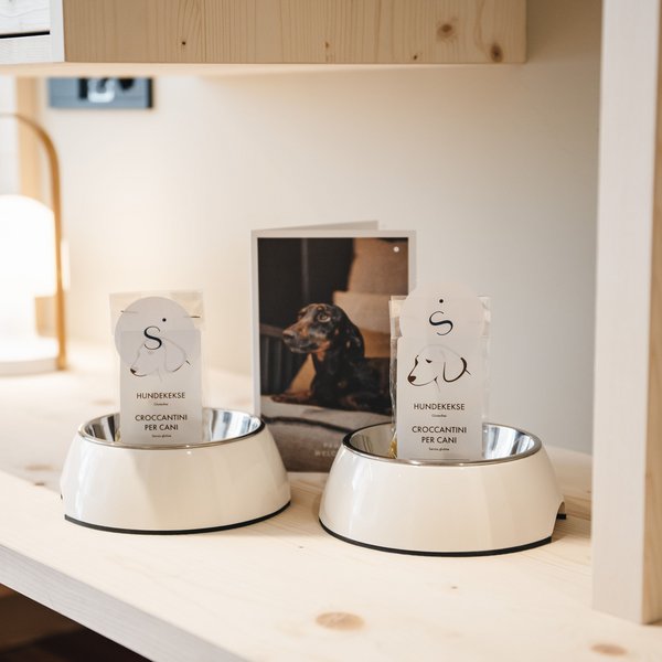 Romantischer Kurzurlaub für Verliebte – Sensoria Dolomites Zwei weiße Futternäpfe mit Hundekeksen und Hundebild im Hintergrund