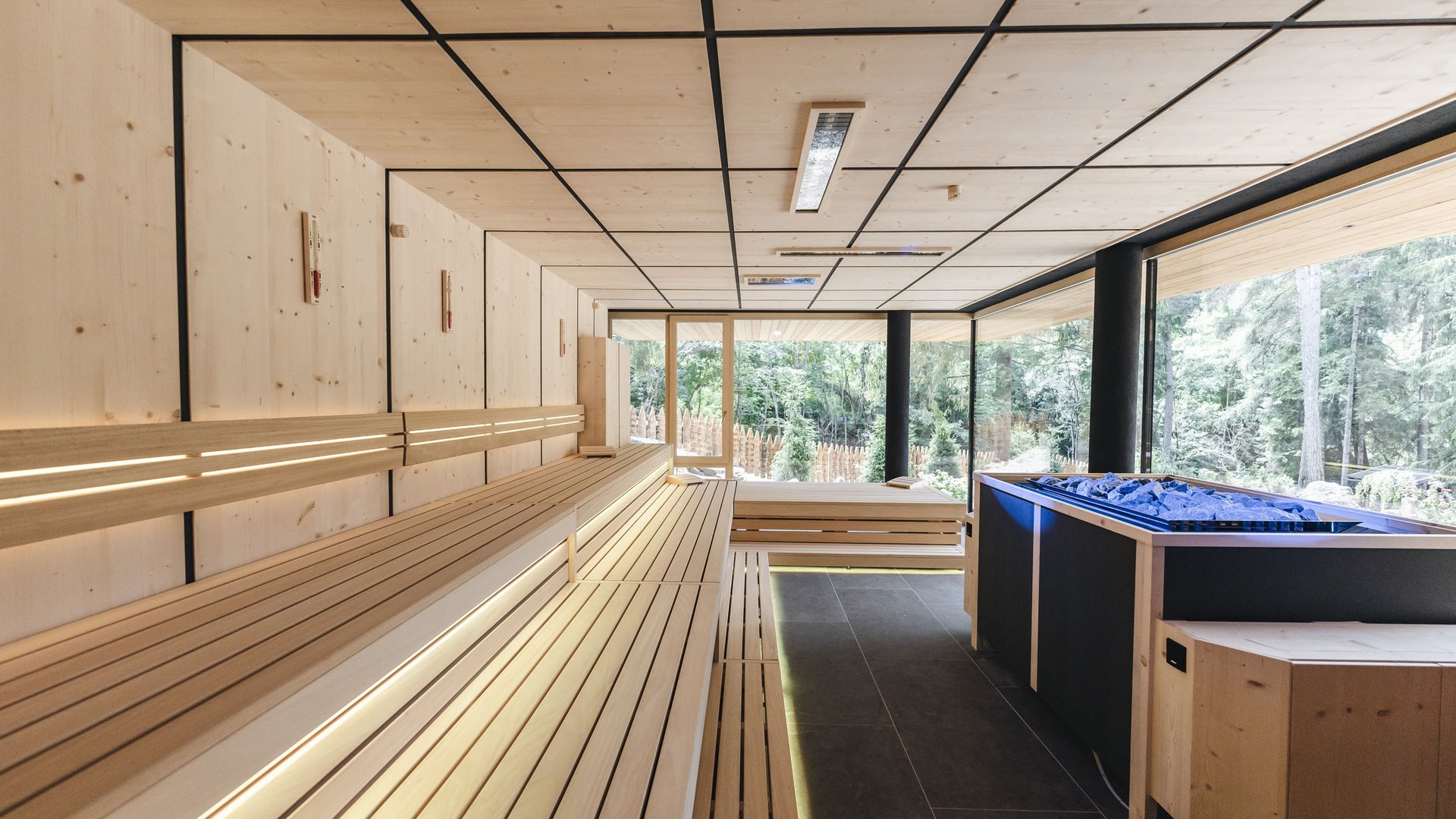 From hiking on Alpe di Siusi/Seiser Alm to the spa area Modern sauna with wooden benches and view of greenery