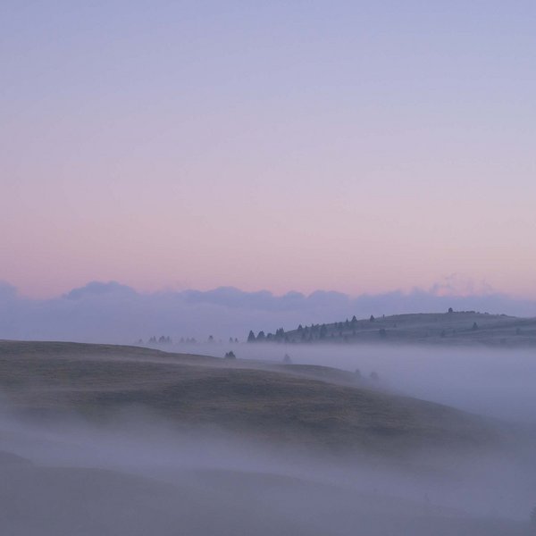 Active holidays in South Tyrol – ready for pure nature? Fog rolling over gentle hills under a purple sky at twilight
