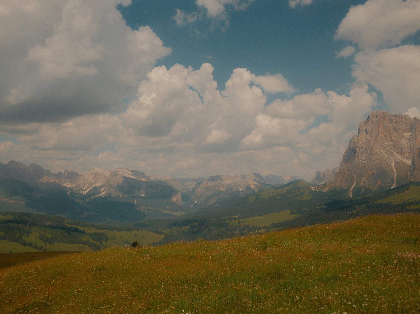 Offers – holidays in the Dolomites UNESCO World Heritage Green meadow with mountains and cloudy sky in the background