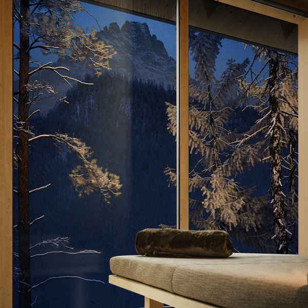 Sensoria Dolomites: il vostro hotel sull’Alpe di Siusi Camera da letto con finestra panoramica su alberi innevati e montagna di notte