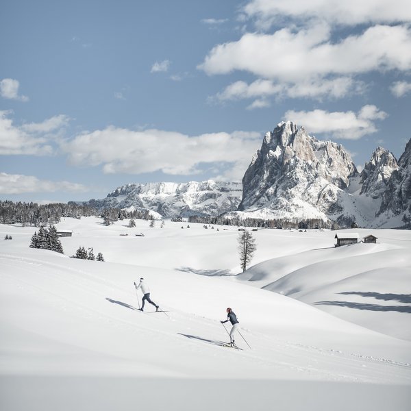 Settimana bianca sulle Dolomiti, al Sensoria Dolomites Due sciatori su paesaggio innevato con cielo azzurro e montagne