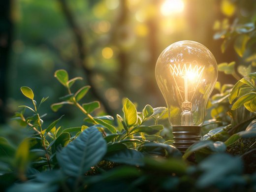 Sustainability at Sensoria Dolomites Light bulb glowing among green leaves with sunlight in the background