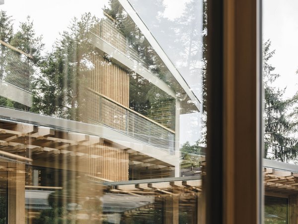 Wellness Aphrodite: Sensoria Dolomites among the winners Modern glass and wood structure with reflected trees in the background